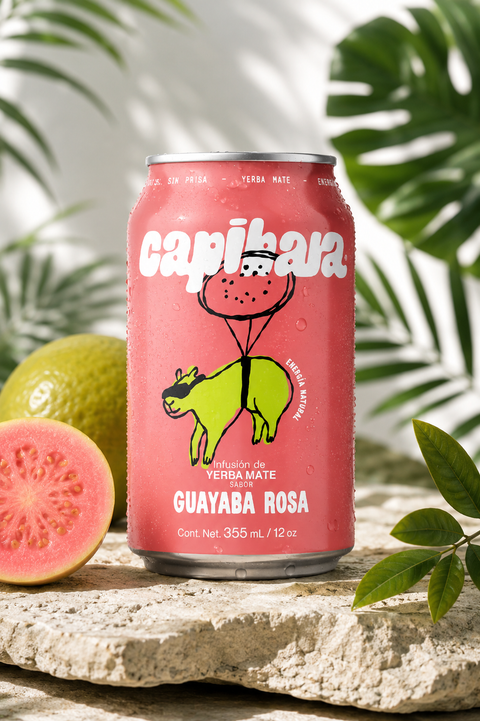 Capibara Guayaba Rosa · Soda Mate Energética Natural · Lata 355ml 12 pack